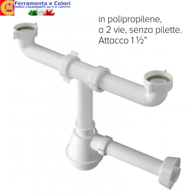 Sifone Lavello a Bottiglia 2 Vasche Vie Scarico 40-32mm in Polipropilene Bianco - Immagine 1 di 2