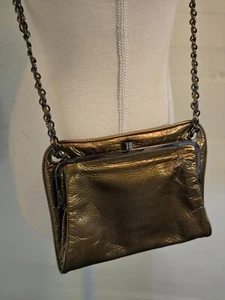 HOBO Bronze Coin Leather Hinged-Frame Kisslock Chain Strap Crossbody Purse  - Picture 1 of 10