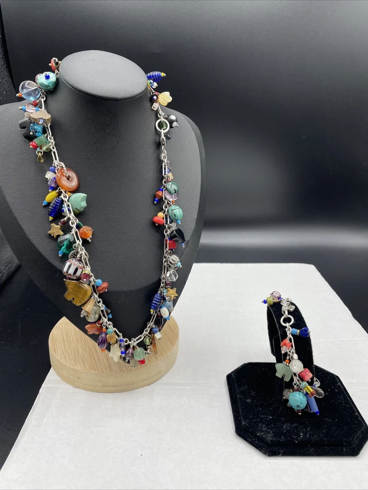 Collar y pulsera fetiche de plata de ley y varias piedras y vidrio soplado  Foto 1 de 4