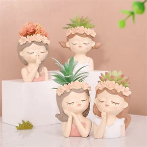 Cute Flower Pot Cartoon Girl Face Succulents Plant Pot Resin Head Planter Decor - Picture 1 of 15