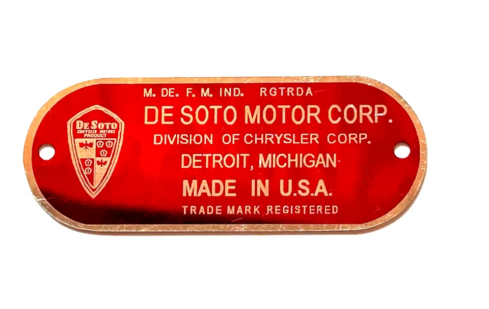 MANUFACTURERS ALUMINUM FIREWALL DATA PLATE 1934- 1939  DESOTO - Image 1 of 1