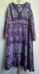 ✩Stunning *EAST* Purple Black Navy Ikat Printed 100% Silk Midi Dress 18✩ - Picture 1 of 8