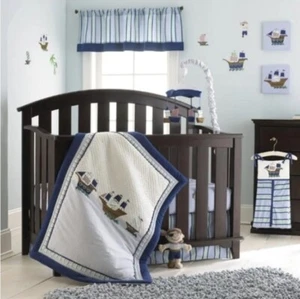 New Laura Ashley Pirate Adventure 4 pc Crib Set Nautical Boats blue - Picture 1 of 4