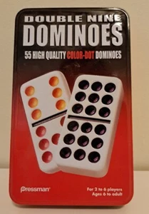 Dominoes Double Nine Color Dot Dominoes in Tin 3926B Pressman Toys - Picture 1 of 6