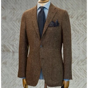 Men's Groom Business Casual Suit-Jacket Herringbone Wedding Banquet Blazer Tops - Picture 1 of 8