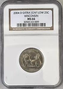 2004-D 25C Wisconsin State Extra LEAF LOW Washington Quarter NGC MS66 Coin 133 - Picture 1 of 2