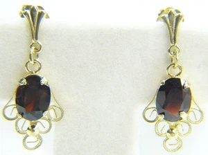 Beautiful Vintage 10 K Yellow Gold Filigree Oval Garnet 1” Drop Dangle Earrings - Picture 1 of 14