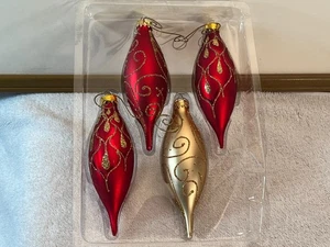 Christmas ornaments set of 4 glass icicles red & gold with gold glitter OH9920 - Picture 1 of 6