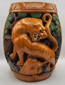 Vintage Chinese Sancai Tiger and Tree Barrel Shaped Ceramic Garden Stool - Picture 1 of 12