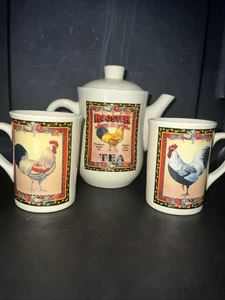 4 Pc Bay Island Inc. Country Roosters Ceramic Tea Pot & 2 Matching Mugs - Picture 1 of 6