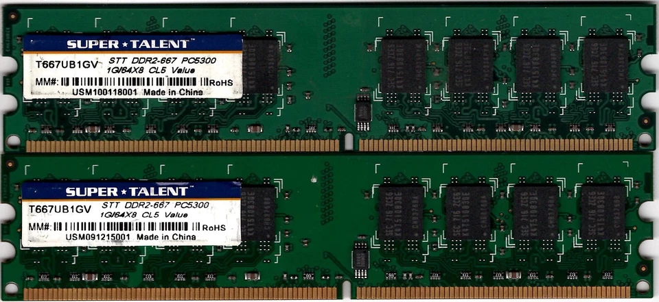 2GB (2x1GB) Super Talent PC2-5300 T667UB1GV DIMM 667 MHz DDR2 SDRAM Memory 240P - Image 1 of 2