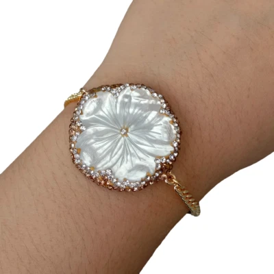 Brazalete de cadena enchapado en oro flor tallada con concha de mar blanco natural moda 7"-9" Foto 1 de 4