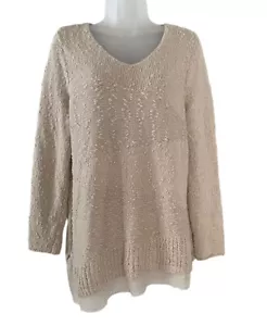 CHICO'S 2 V-Ausschnitt Strickpullover beige silber metallic Webart großer Knobby-Overlay - Bild 1 von 13