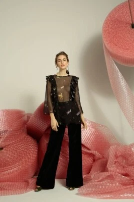 Blusa de polietileno con volantes Rachel Antonoff estampado basura Cynthia, XS, otoño '17 Foto 1 de 4