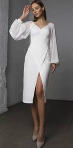 Elegant White Bodycon Midi Dress with Long Sheer Sleeves and Front Slit - Picture 1 of 8