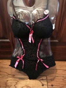 New Rene Rofe 1 Piece Bodysuit Push Up Bra lingerie Size Medium Black Pink NWT - Picture 1 of 10