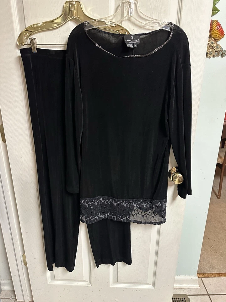 Carole Little 2 件装裤子束腰上衣套装黑色闪亮花边大号 12 弹力薄 — 第 1/4 张图片