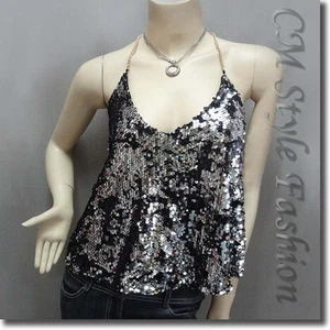 Sexy Glamorous Sequined Bling Bling Camisole Blouse Top Silver Black XS - Picture 1 of 4