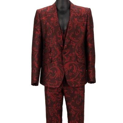 DOLCE & GABBANA Baroque Jacquard Suit Jacket Waistcoat Pants Black Red 12708 - Image 1 of 4