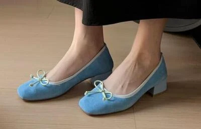 Женщин замши круглый носок скольжения на блок каблуки сладкий банта Мэри Джейн вечеринки туфли	 - Изображение 1 из 4
