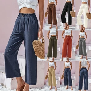 Lady Cotton Linen High Waist Trousers Wide Legs Summer Casual Elastic Pants SIZE - Picture 1 of 41