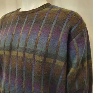 Maglione vintage Norm Thompson uomo lana merino acrilico girocollo viola teal ocra Perù - Foto 1 di 15