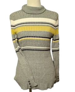 Ribbed Turtle Neck Sweater Womens Sz L 12-14 Top Grey Striped Preppy Y2K Stretch - Picture 1 of 10