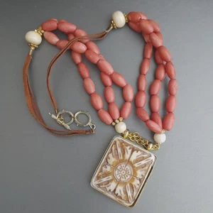 Ethnic Design Carved Pendant Necklace Boho Beaded Fall Colors Cord 21” - Picture 1 of 10