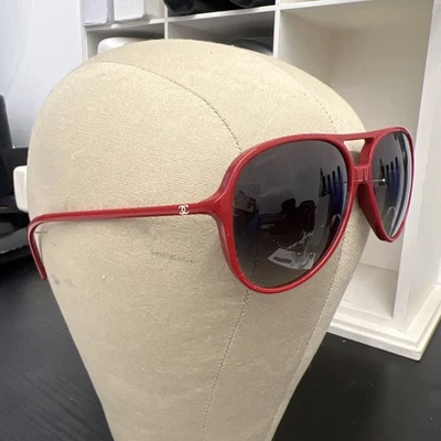 Chanel Sunglasses Red Plastic Aviator Oversized Gradient Lenses Silver CC Logos - Image 1 of 4