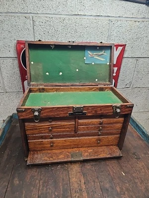 L10- Vintage Wood Oak Machinist Chest Tool Box 18 x 13 x 9 - Image 1 of 4
