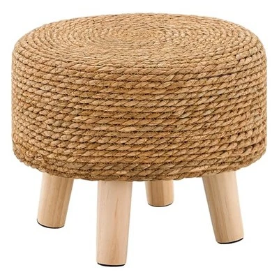  Round Ottoman Footstool Handwoven Water Hyacinth Pouf with Solid Wood Seagrass - Image 1 of 4