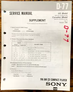 Sony D-77 CD Player / Discman Supp. Service Manual *Original* - Picture 1 of 1