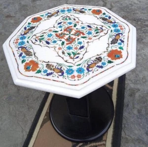 15" White Marble Inlay Table Top Semiprecious Stone Carnelian Handmade Work Deco - Picture 1 of 8