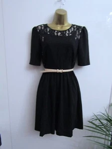 Warehouse Ladies Black & Cream Lace Trim Belted Shift Tea Dress Size 10 lined - Picture 1 of 7