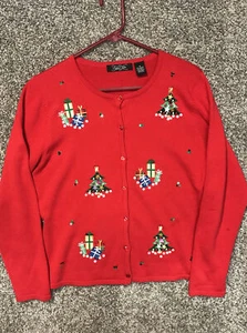 Suéter de Navidad Fiesta de Vacaciones Talla Mediana Cristal Kobe Cárdigan Abotonado Árbol - Imagen 1 de 8