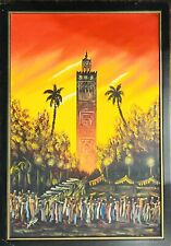 Modern MCM Acrylic Painting Of Moroccan Fiery Orange Red Sunset Scape Mosque