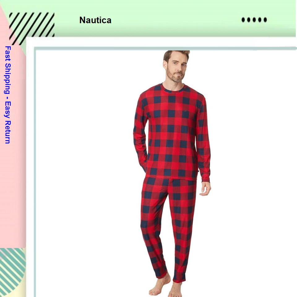 Nautica Waffle Knit Men's Buffalo Plaid Pajama Set 2 Pc Long Sleeve & Jogger 2XL
