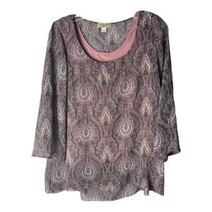 One World Größe Small lila Paisley Damen-Top mit V-Ausschnitt 3/4-Arm und Mini-Nieten - Bild 1 von 8