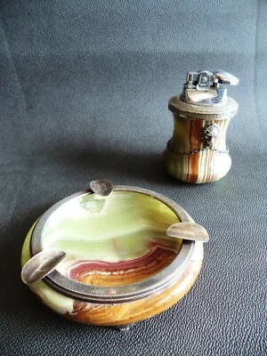 Posacenere e accendino corona alabastro onice argento 800 made in Italy set fumo - Immagine 1 di 4