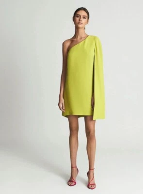Reiss Samantha One Shoulder Cape Mini Dress in Chartreuse Lime UK10 NEW - Image 1 of 4