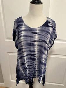 TRYST Matthew Blue White t-shirt Sz Large Hippie Boho Festival Handkerchief Hem - Picture 1 of 10