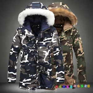 Winter Mens Thicken Camo Jacket Coat Fur Hooded Cotton Padded Warm Outwear Parka - Picture 1 of 13