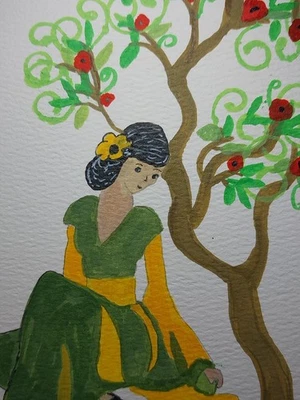 GAT Pintura Original Mujeres Con Gato Bajo Árbol Figura Arte Caprichoso Gente 6x9 Foto 1 de 4