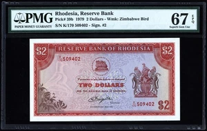 Rhodesia 2 Dollars 1979 P39b PMG Superb Gem Uncirculated 67 EPQ - Picture 1 of 4