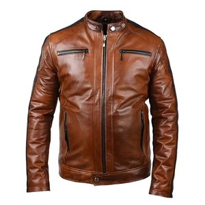 Men’s Tan Cafe Racer Jacket Genuine Lambskin Leather – Black Stripes YKK Zip - Picture 1 of 8