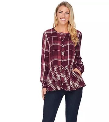 LOGO de Lori Goldstein Botón Frontal Cuadros Top con Detalle Peplum Borgoña Reg 10 Foto 1 de 3