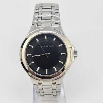 Reloj Hombre Cromo 42MM Esfera Negra Estuche Gris Pulsera 7.5" Batería Nueva Foto 1 de 4