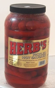 Herbs RED HOT Pickled Sausage 1 Gal. Jar 39 Count Beef & Chicken No Pork From - Picture 1 of 6