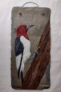 Antique Roof Slate Original Painting Woodpecker Bird Artisan Wall Art 5x10" - Picture 1 of 2