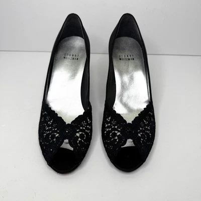Zapatos de salón Stuart Weitzman para mujer talla 7,5 negros de encaje cristal punta abierta satinado Foto 1 de 4